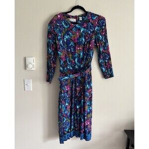 VTG 80s Chaus Printed Floral Dress Womens Medium‎ 8Belted Colorful Pink Blue